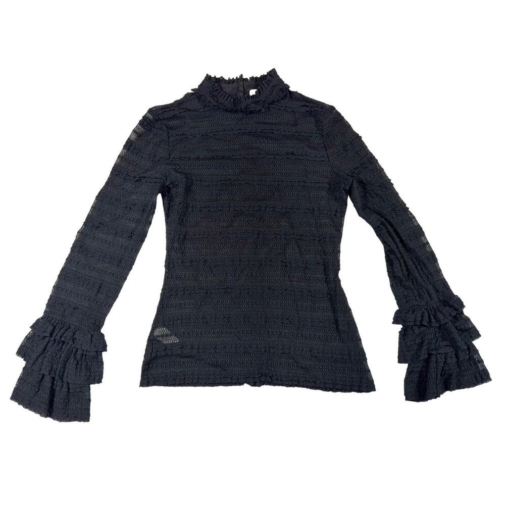 Cinq a Sept Black Lace Ruffle Neck Tier Bell‎ Sleeve Blouse Boho Romantic Goth S